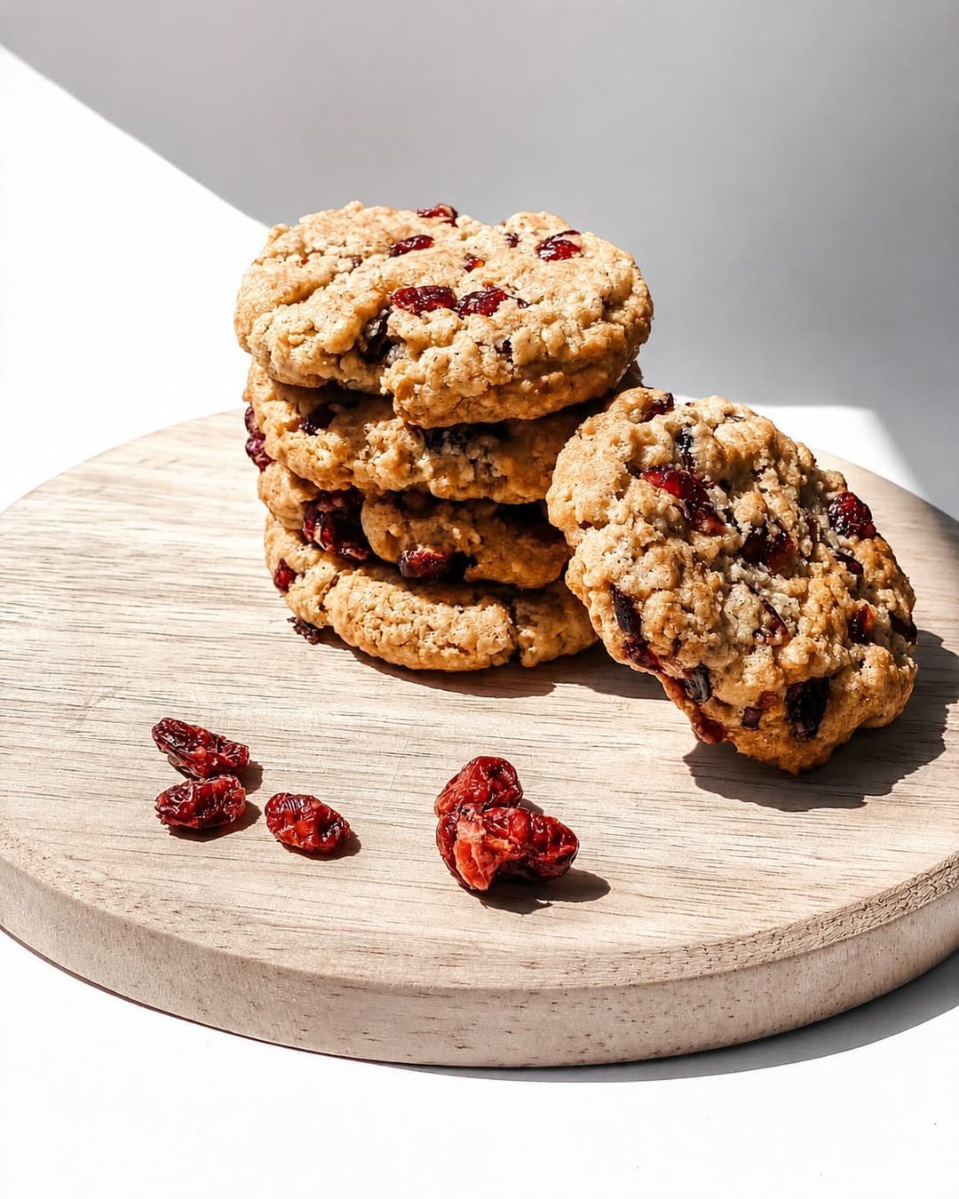 A stack of cranberry oat cookies on a wooden board